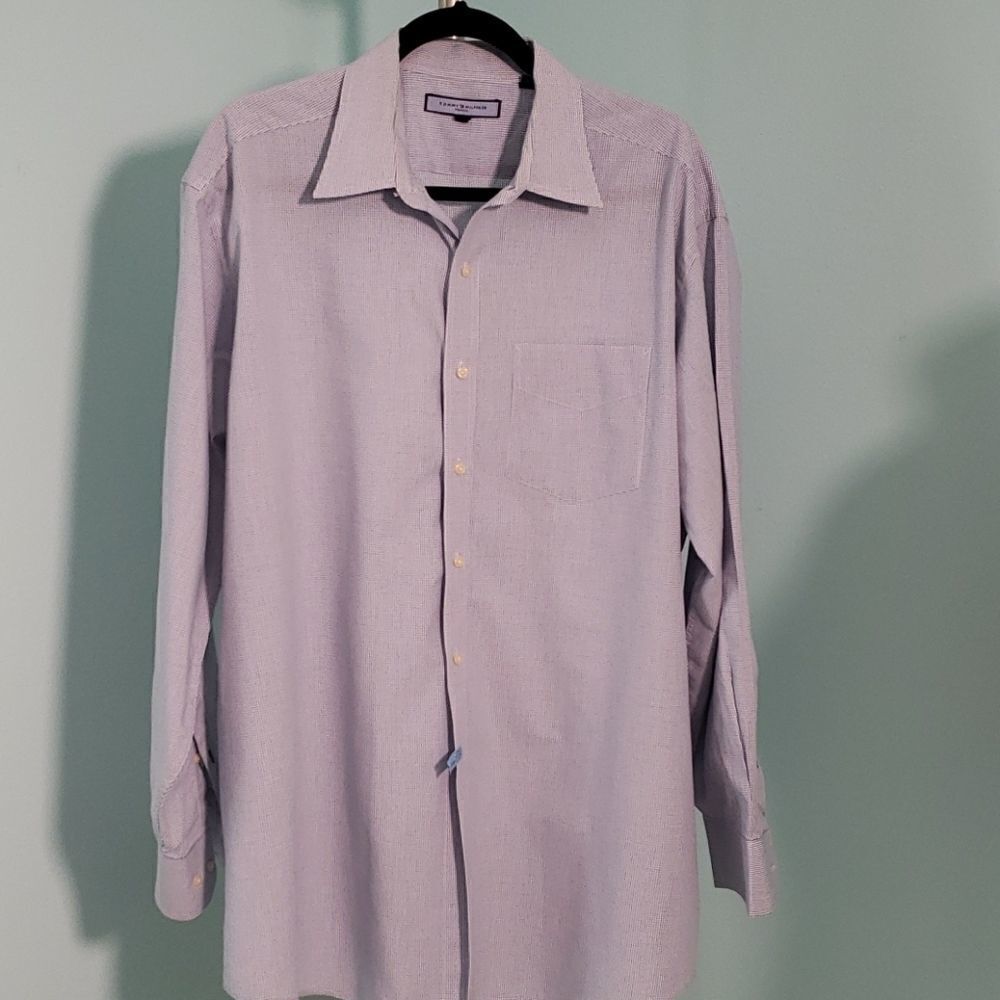 Tommy Hilfiger men's dress shirt blue checked. 17 1/2 XL Good used condition.